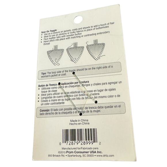 Dritz 454-1 Sew-On Toggle-Black W/Black Wooden Button For Jackets, Coats, Shawls - Picture 2 of 2